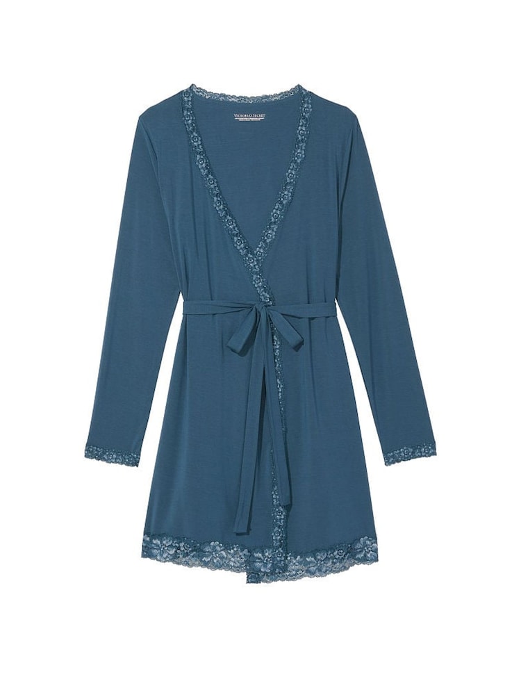 Victoria's Secret Midnight Sea Blue Modal Lace Trim Robe - Image 4 of 4
