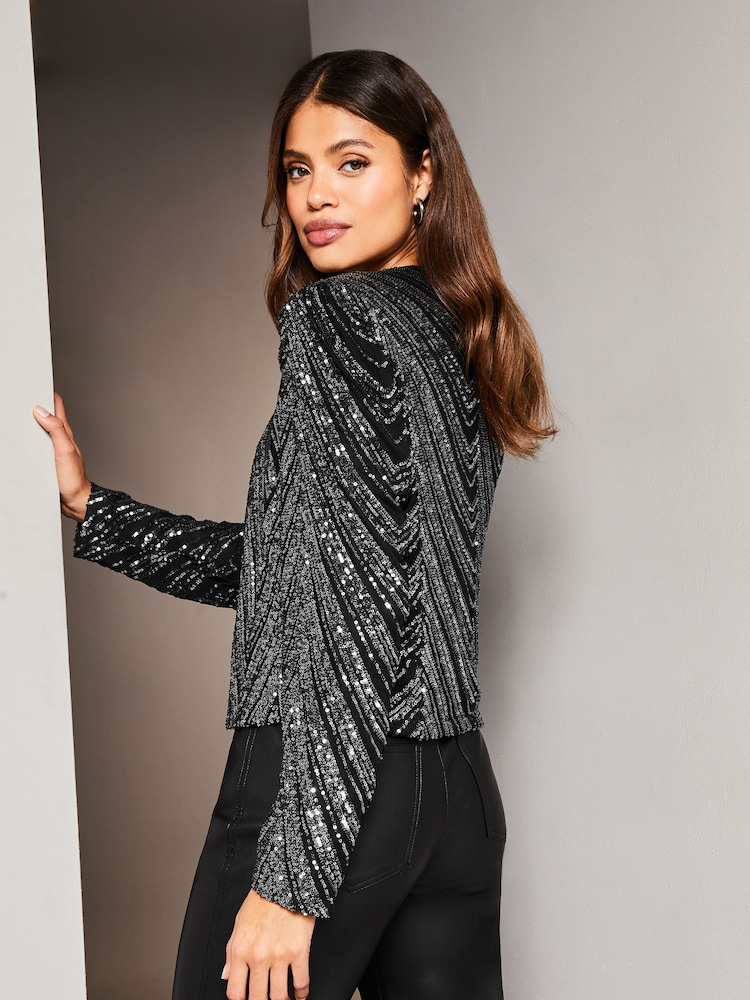 Lipsy Black Silver Sequin Cropped Long Sleeve Blazer - Image 3 of 3