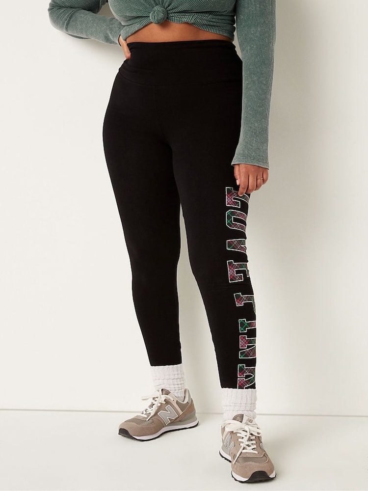 Victoria's Secret PINK Pure Black with Plaid Logo Cotton High Waist Leggings - Image 1 of 4