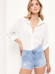 Lipsy Blue Raw Hem Mid Rise Denim Shorts - Image 1 of 4