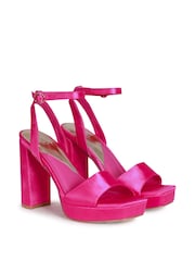 Linzi Pink Fuchsia Satin Gloria Platform Heeled Sandal With Wrap Around Ankle Strap - Image 3 of 4