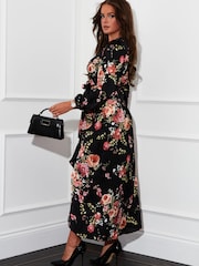 Girl In Mind Black Floral Petite Long Sleeve Wrap Midi Dress - Image 3 of 5