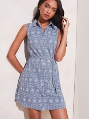 Lipsy Chambray Blue Broderie Sleeveless Tie Waist Mini Shirt Dress - Image 1 of 4