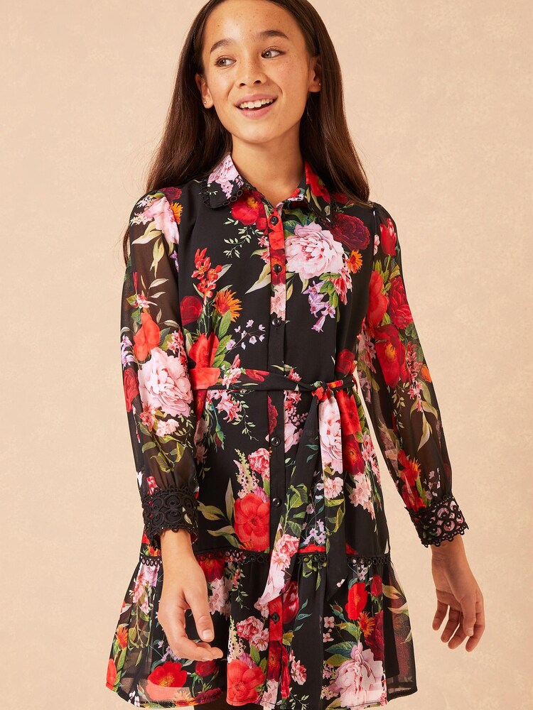 Lipsy Black Floral Tie Waist Long Sleeve Shirt Dress - Image 1 of 4 Lipsy Black Floral Tie Waist Long Sleeve Shirt Dress - Image 1 of 4