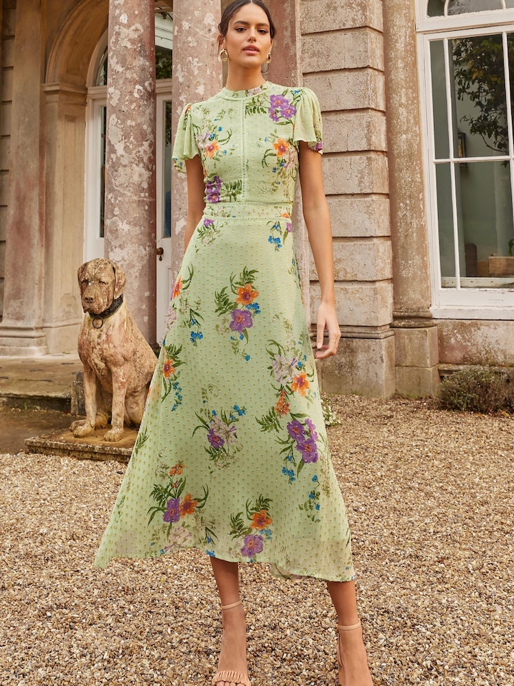 Love & Roses Sage Green Green Floral Metallic Printed High Neck Flutter Sleeve Midi Dress - Image 1 of 4