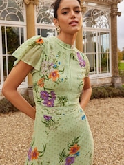 Love & Roses Sage Green Green Floral Metallic Printed High Neck Flutter Sleeve Midi Dress - Image 2 of 4