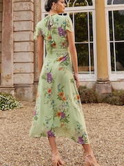 Love & Roses Sage Green Green Floral Metallic Printed High Neck Flutter Sleeve Midi Dress - Image 3 of 4
