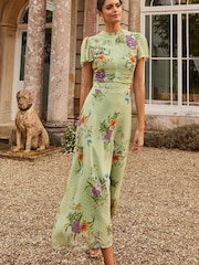Love & Roses Sage Green Green Floral Metallic Printed High Neck Flutter Sleeve Midi Dress - Image 4 of 4