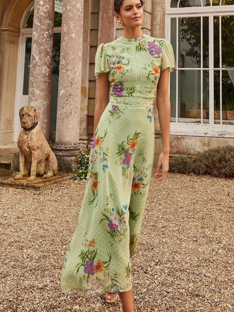 Love & Roses Sage Green Green Floral Metallic Printed High Neck Flutter Sleeve Midi Dress - Image 4 of 4