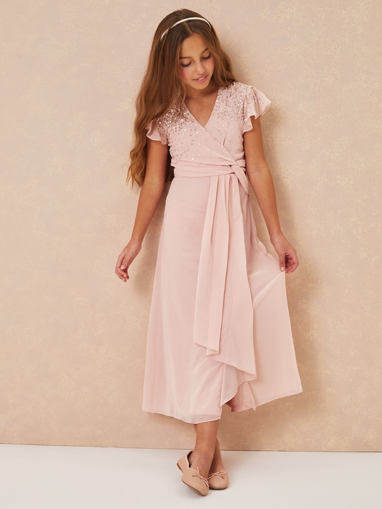 Lipsy Pink Embellished Flutter Sleeve Occasion Maxi Dress - Image 2 of 4