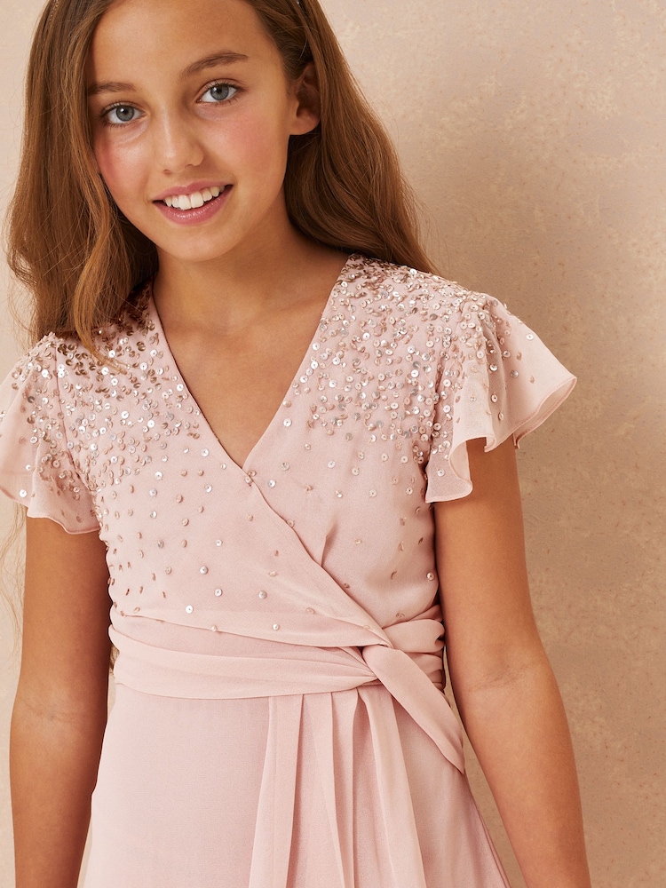 Lipsy Pink Embellished Flutter Sleeve Occasion Maxi Dress - Image 4 of 4