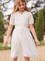 Lipsy White Puff Sleeve Tulle Occasion Dress - Image 1 of 4
