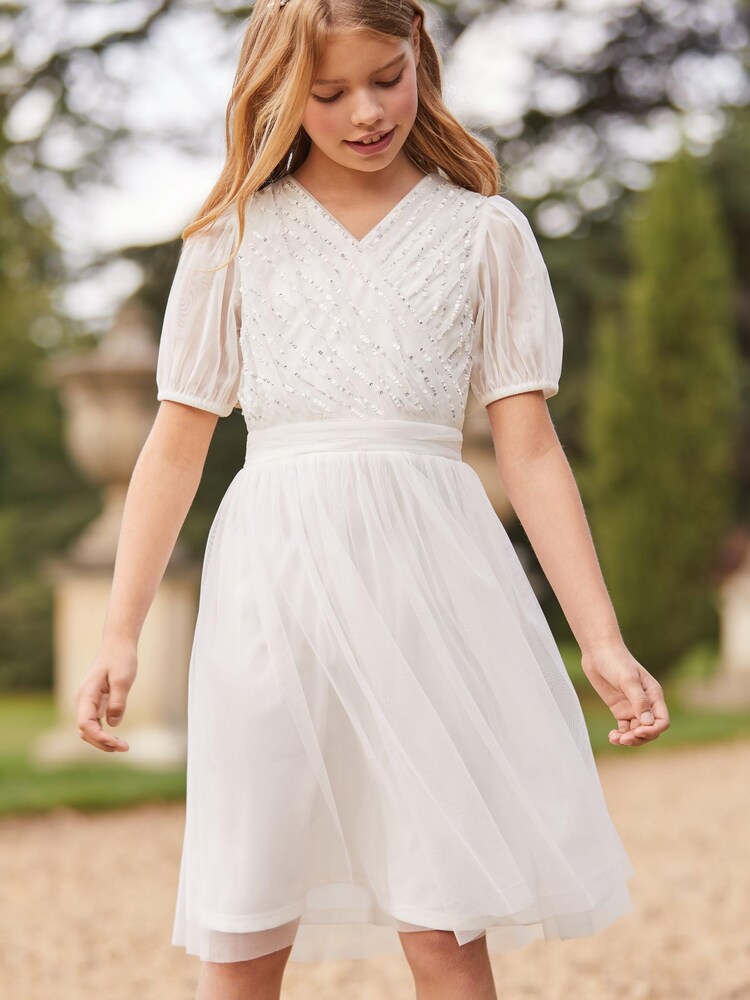 Lipsy White Puff Sleeve Tulle Occasion Dress - Image 1 of 4