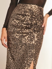 Lipsy Brown Sequin Ruched Midi Skirt - Image 3 of 4