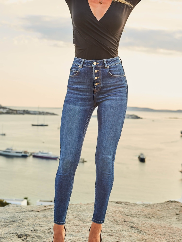 Sosandar Blue Button Front Skinny Jeans - Image 2 of 5
