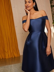 Chi Chi London Blue Bardot Box Pleated Skater Midi Dress - Image 3 of 4
