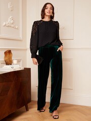 Love & Roses Forest Green Velvet Side Button Tag Wide Leg Trousers - Image 3 of 4