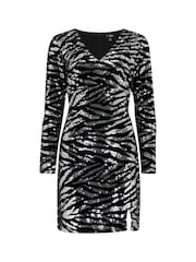 Pour Moi Black Zebra Fuller Bust Selena Velvet Sequin Mini Dress - Image 4 of 5