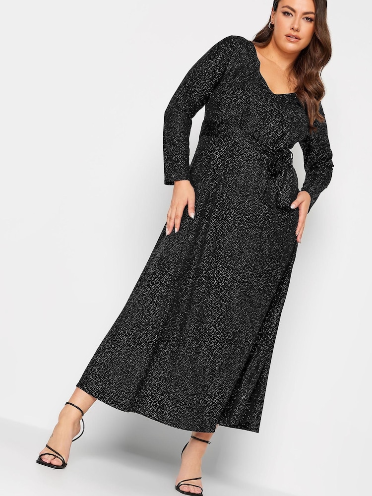 Yours Curve Black London Glitter Party Keyhole Plunge Maxi Dress - Image 1 of 4