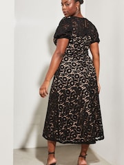 Lipsy Black Curve Lace Prom Scallop V Neck Puff Sleeve Midi Dress - Image 2 of 4