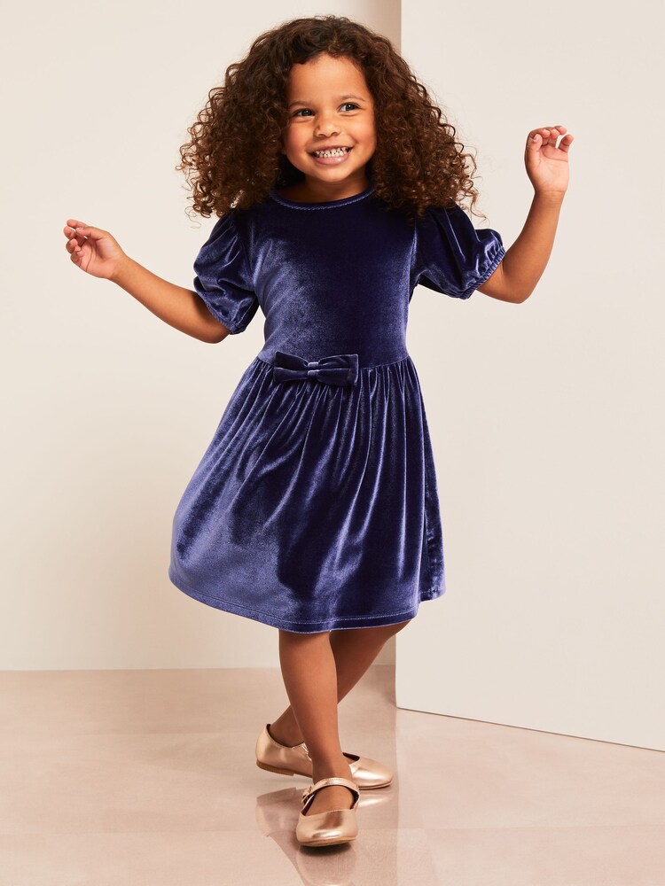 Lipsy Navy Blue Puff Sleeve Velvet Dress (0-6yrs) - Image 2 of 6
