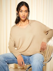 Friends Like These Camel Soft Jersey V Neck Long Sleeve Tunic Top - Image 1 of 4