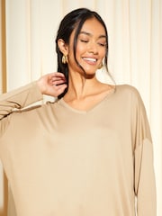 Friends Like These Camel Soft Jersey V Neck Long Sleeve Tunic Top - Image 2 of 4