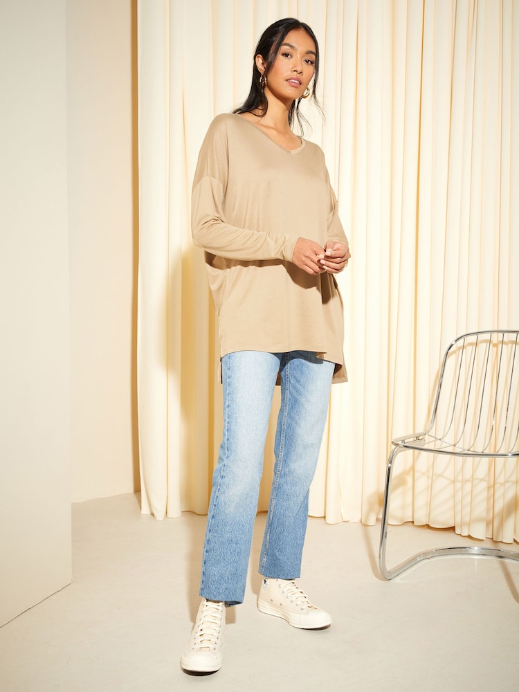 Friends Like These Camel Soft Jersey V Neck Long Sleeve Tunic Top - Image 3 of 4