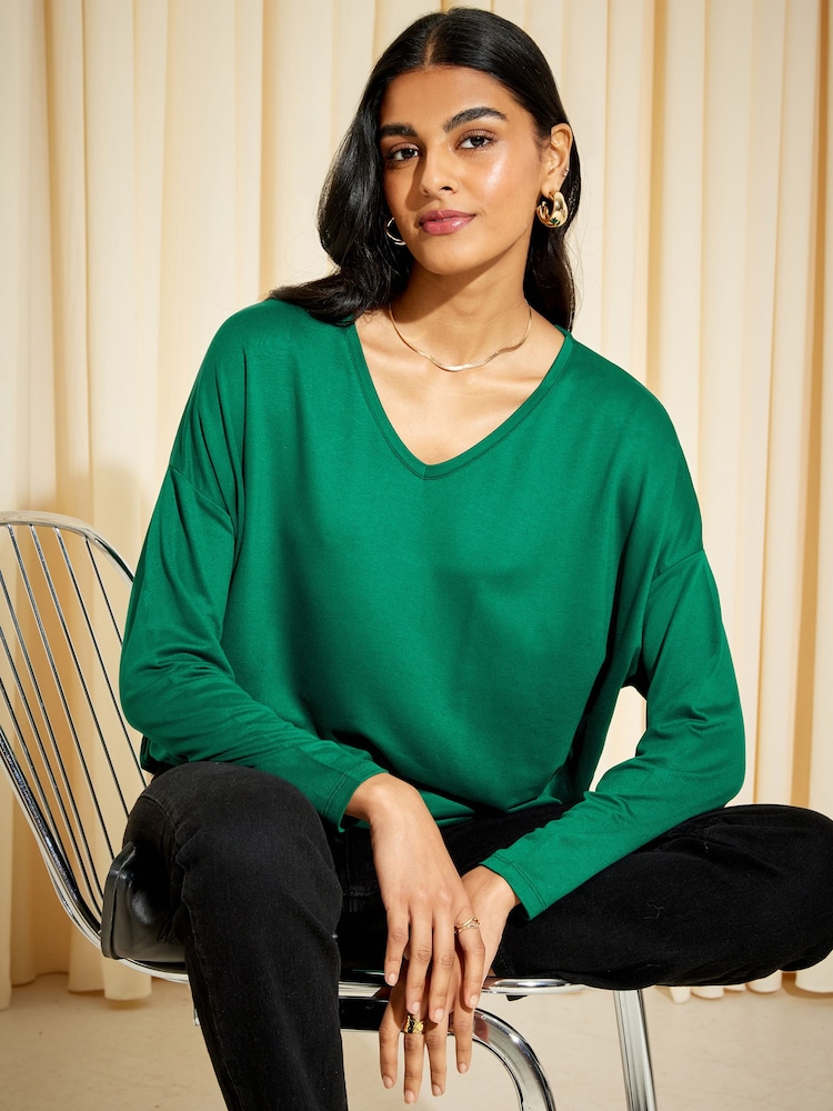 Friends Like These Green Soft Jersey V Neck Long Sleeve Tunic Top - Image 1 of 4