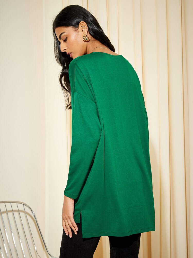 Friends Like These Green Soft Jersey V Neck Long Sleeve Tunic Top - Image 2 of 4