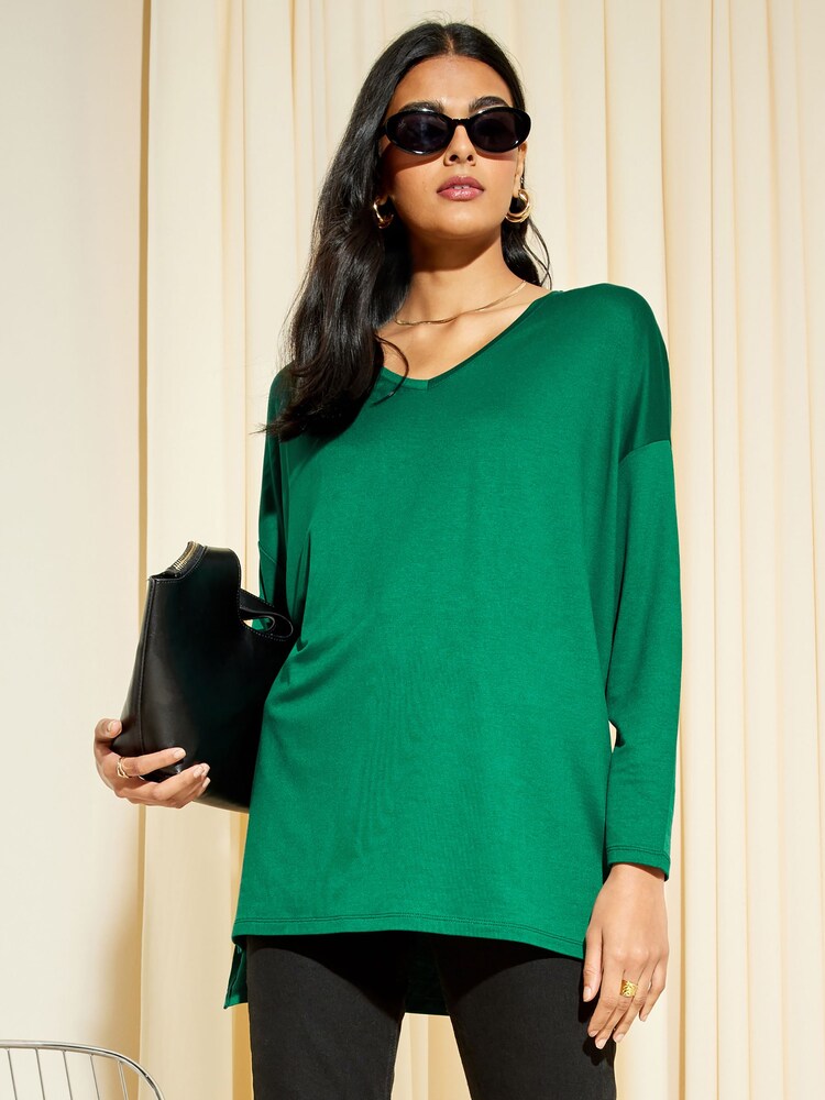 Friends Like These Green Soft Jersey V Neck Long Sleeve Tunic Top - Image 3 of 4