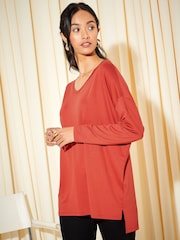 Friends Like These Burnt Red Soft Jersey V Neck Long Sleeve Tunic Top - Image 1 of 4