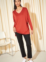 Friends Like These Burnt Red Soft Jersey V Neck Long Sleeve Tunic Top - Image 2 of 4