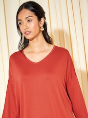 Friends Like These Burnt Red Soft Jersey V Neck Long Sleeve Tunic Top - Image 3 of 4