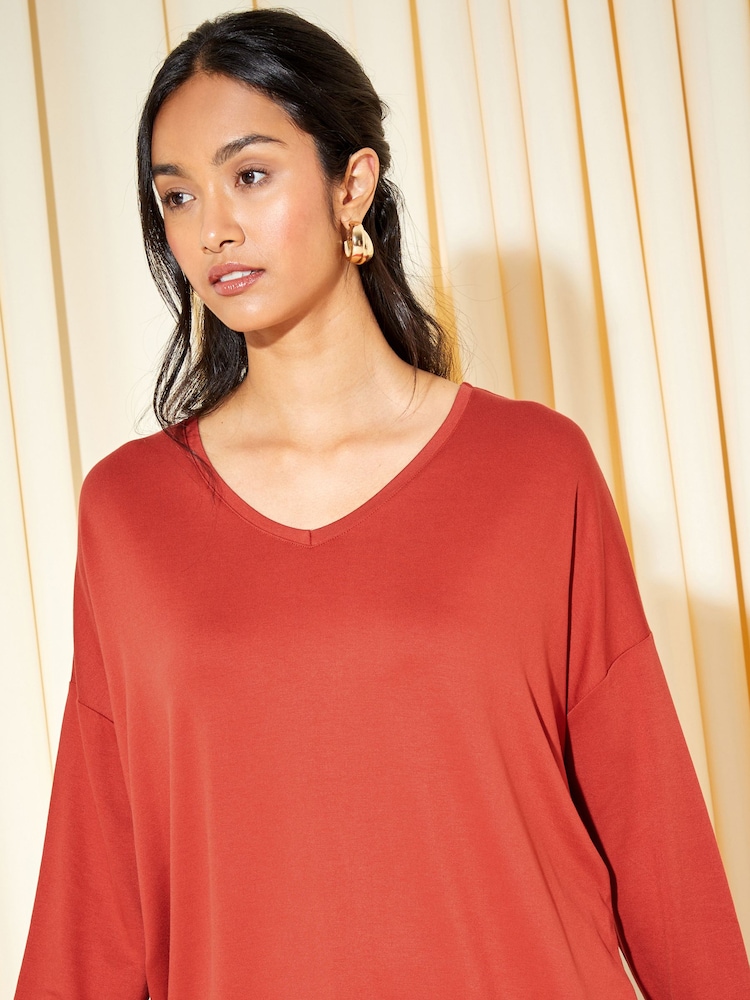Friends Like These Burnt Red Soft Jersey V Neck Long Sleeve Tunic Top - Image 3 of 4