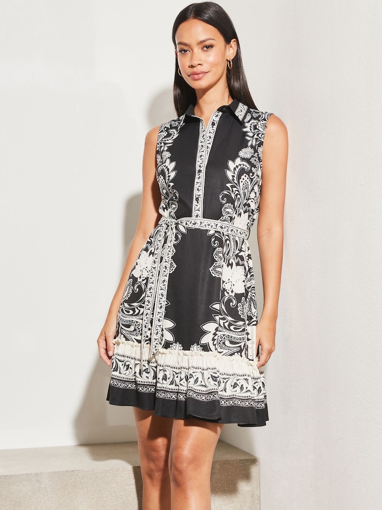 Lipsy Black/White Sleeveless Tiered Belted Holiday Shop Shirt Dress - Image 1 of 4