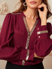 Love & Roses Berry Red Sequin V Neck Long Sleeve Blouse - Image 2 of 4
