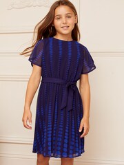 Love & Roses Blue Polka Dot Printed Tulip Sleeve Belted Dress - Image 1 of 4