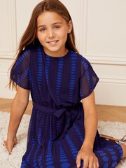 Love & Roses Blue Polka Dot Printed Tulip Sleeve Belted Dress - Image 2 of 4