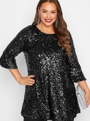 Yours Curve Black London Sequin Fluted Sleeve Top - Image 1 of 1
