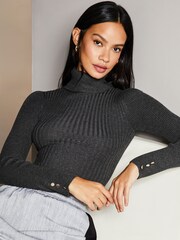 Lipsy Charcoal Grey Knitted Roll Neck Ribbed Button Detail Long Sleeve Jumper - Image 1 of 4