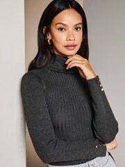 Lipsy Charcoal Grey Knitted Roll Neck Ribbed Button Detail Long Sleeve Jumper - Image 4 of 4