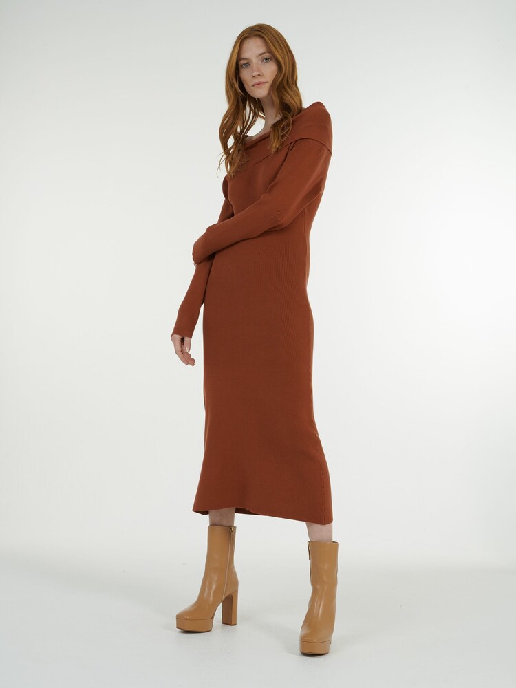 leem Red Off-Shoulder Knitted Midi Dress - Image 1 of 6