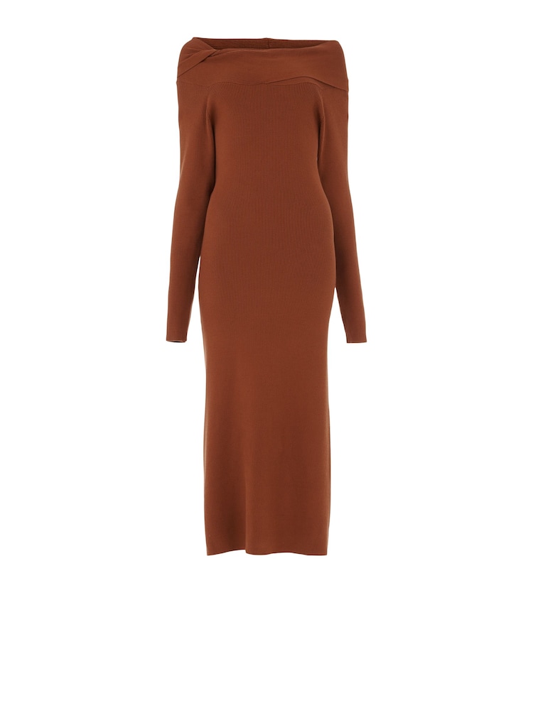 leem Red Off-Shoulder Knitted Midi Dress - Image 6 of 6