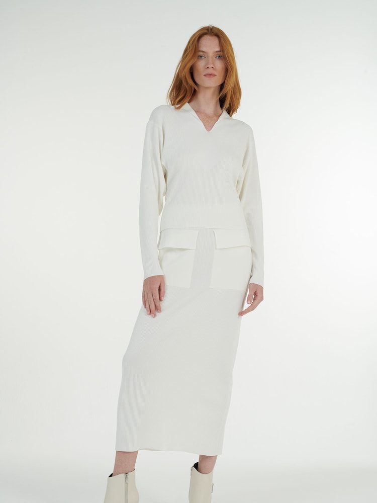 leem White Batwing Ribbed Knit Sweater - Image 1 of 6 leem White Batwing Ribbed Knit Sweater - Image 1 of 6
