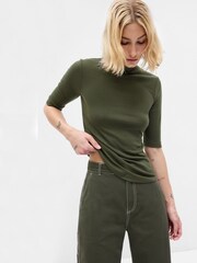 Gap Green Ribbed Stripe Short Sleeve Mock Neck T-Shirt - Image 1 of 2