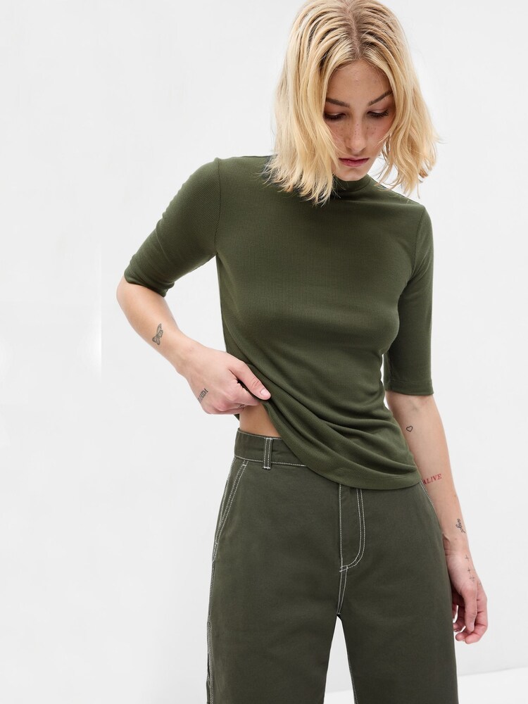 Gap Green Ribbed Stripe Short Sleeve Mock Neck T-Shirt - Image 1 of 2