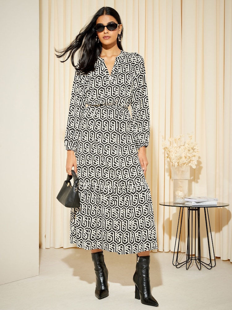 Friends Like These Black/White Geo Tiered Long Sleeve V Neck Midi Shirt Dress - Image 1 of 4