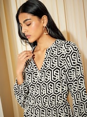 Friends Like These Black/White Geo Tiered Long Sleeve V Neck Midi Shirt Dress - Image 2 of 4