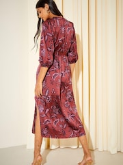Friends Like These Wild Berry Red Satin 3/4 Sleeve Midi Dress - Image 2 of 4
